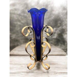 Vintage Cobalt Blue Ruffle Glass Bud Vase in Metal Scroll Stand 9"